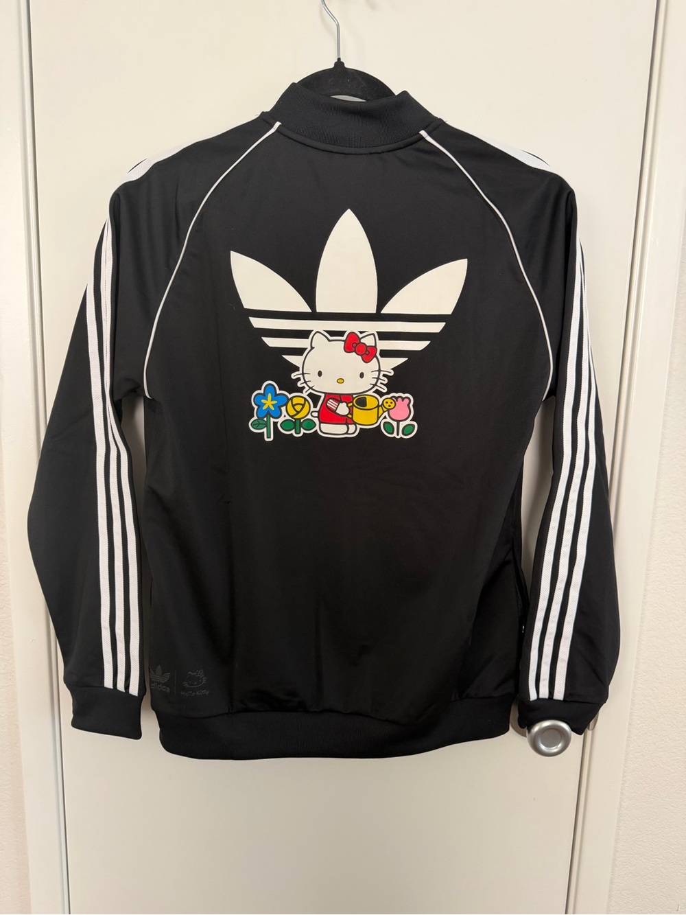 adidas Black Track Jacket with White Stripes and Floral Embroidered Patch - Picture 2 of 6